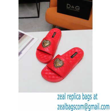 Dolce  &  Gabbana Matelasse Leather Beachwear Sliders Red with Devotion Heart 2021